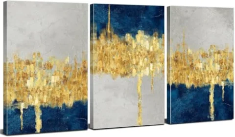 3 cuadros abstractos azul y dorado AREBOLO
