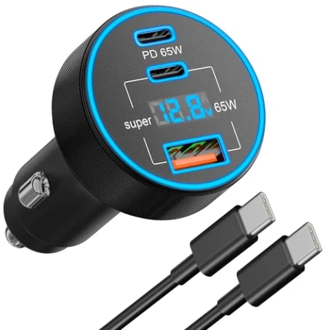 Cargador de coche GOROLNSE 130W con 3 puertos y cable USB-C