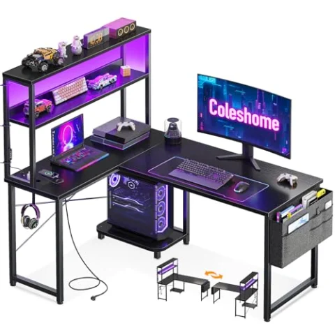 Escritorio gaming en L Coleshome con LED y enchufes