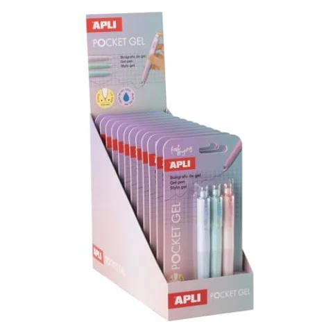 Expositor APLI con 12 blísteres de bolígrafos gel mini pastel