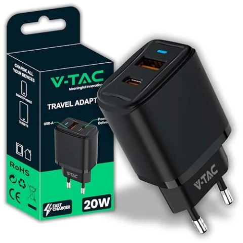 V-TAC Cargador USB-C Carga Rapida PD 20W para iPhone y Samsung